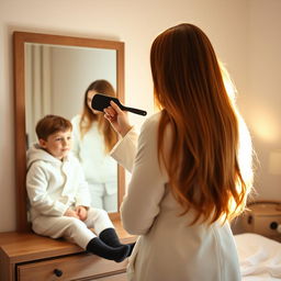 A heartwarming scene depicting a mother in her forties standing in front of a mirror, her long, smooth hair flowing freely as she brushes it with a hairbrush