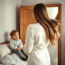 A heartwarming scene depicting a mother in her forties standing in front of a mirror, her long, smooth hair flowing freely as she brushes it with a hairbrush