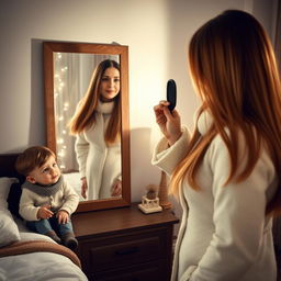 A heartwarming scene depicting a mother in her forties standing in front of a mirror, her long, smooth hair flowing freely as she brushes it with a hairbrush