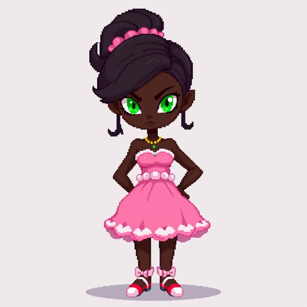 A full-body pixel art character from head to toe for a video game, featuring a 21-year-old young woman with very dark brown skin