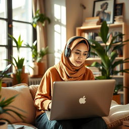 A young Muslim woman wearing a stylish hijab and headphones, sitting in a cozy, modern room