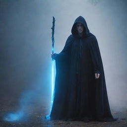 An enigmatic figure in a flowing dark hooded cape gripping a bright blue staff emitting light within an ethereal atmosphere full of mist and floating light particles. The figure's hands around the radiant blue staff illuminate the surrounding area, creating a mystical aura against the foggy background.