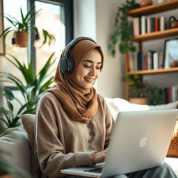 A young Muslim woman wearing a stylish hijab and headphones, sitting in a cozy, modern room