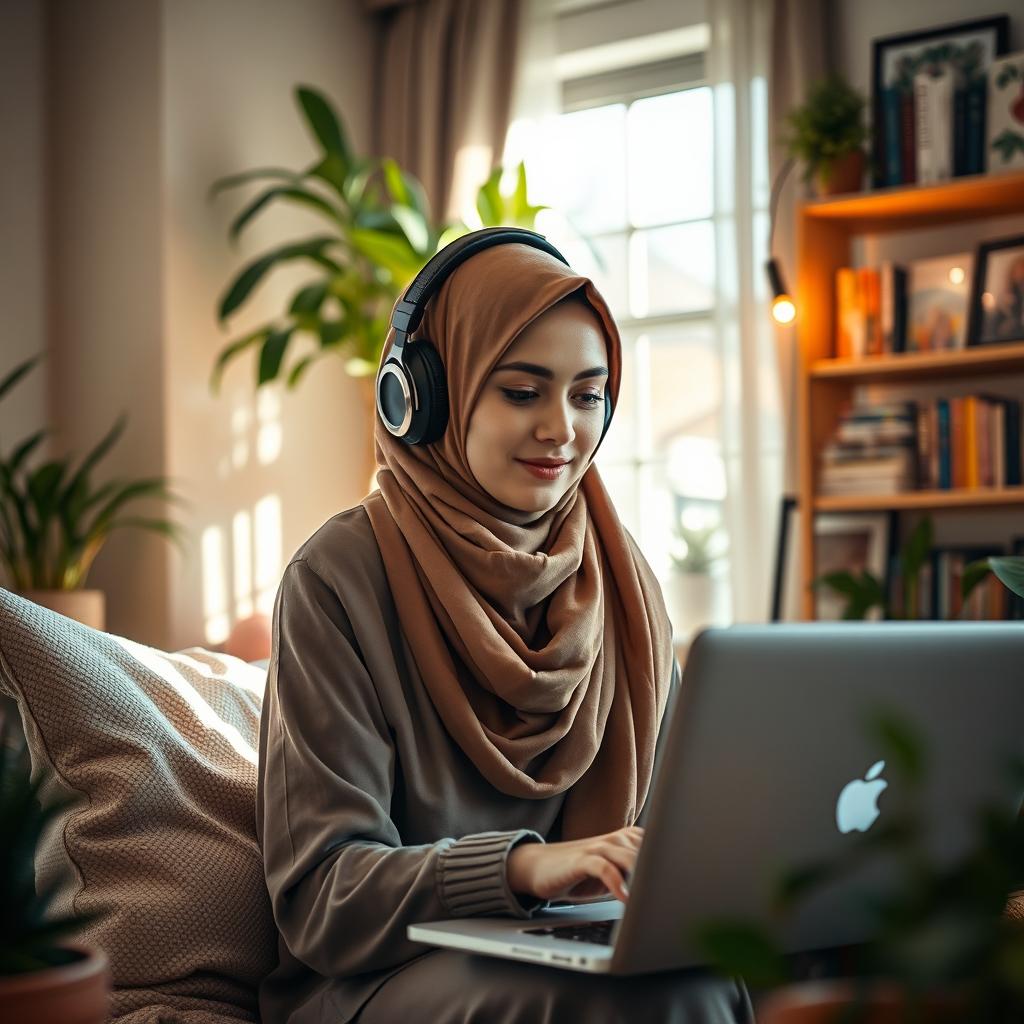 A young Muslim woman wearing a stylish hijab and headphones, sitting in a cozy, modern room