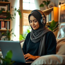 A young Muslim woman wearing a stylish hijab and headphones, sitting in a cozy, modern room