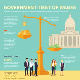 An informative infographic illustrating government regulation of wages, featuring a balanced scale symbolizing fairness, various coins and bills representing different wage levels, a diverse group of workers in professional attire, and a stylized depiction of a government building in the background