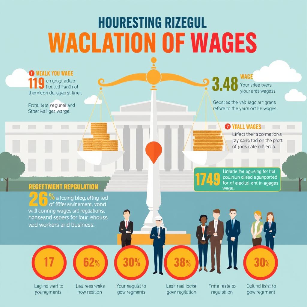 An informative infographic illustrating government regulation of wages, featuring a balanced scale symbolizing fairness, various coins and bills representing different wage levels, a diverse group of workers in professional attire, and a stylized depiction of a government building in the background