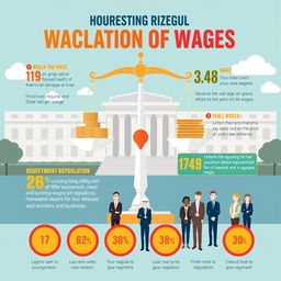 An informative infographic illustrating government regulation of wages, featuring a balanced scale symbolizing fairness, various coins and bills representing different wage levels, a diverse group of workers in professional attire, and a stylized depiction of a government building in the background