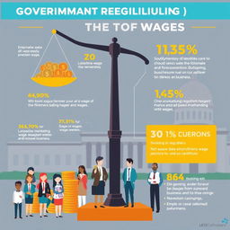 An informative infographic illustrating government regulation of wages, featuring a balanced scale symbolizing fairness, various coins and bills representing different wage levels, a diverse group of workers in professional attire, and a stylized depiction of a government building in the background