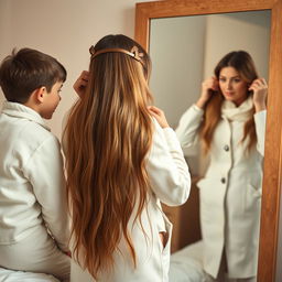 A touching scene featuring a mother in her forties standing in front of a mirror, with her long, silky hair flowing down her shoulders as she styles it with hair clips