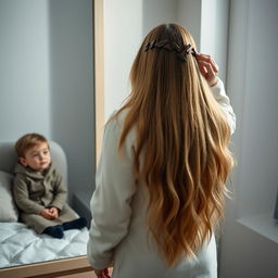 A touching scene featuring a mother in her forties standing in front of a mirror, with her long, silky hair flowing down her shoulders as she styles it with hair clips