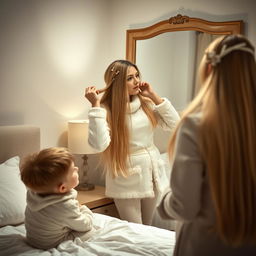 A touching scene featuring a mother in her forties standing in front of a mirror, with her long, silky hair flowing down her shoulders as she styles it with hair clips