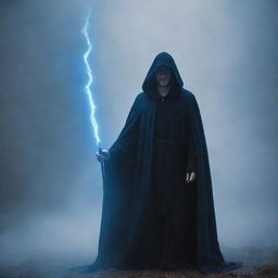 An enigmatic figure in a flowing dark hooded cape gripping a bright blue staff emitting light within an ethereal atmosphere full of mist and floating light particles. The figure's hands around the radiant blue staff illuminate the surrounding area, creating a mystical aura against the foggy background.