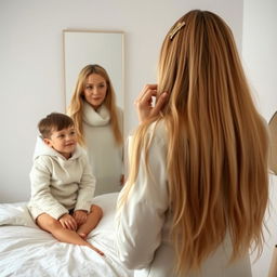 A touching scene featuring a mother in her forties standing in front of a mirror, with her long, silky hair flowing down her shoulders as she styles it with hair clips