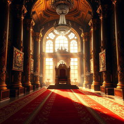 A majestic royal throne room, filled with rich ornate decorations, grand pillars, and intricate tapestries hanging from the walls