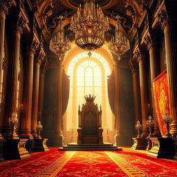 A majestic royal throne room, filled with rich ornate decorations, grand pillars, and intricate tapestries hanging from the walls