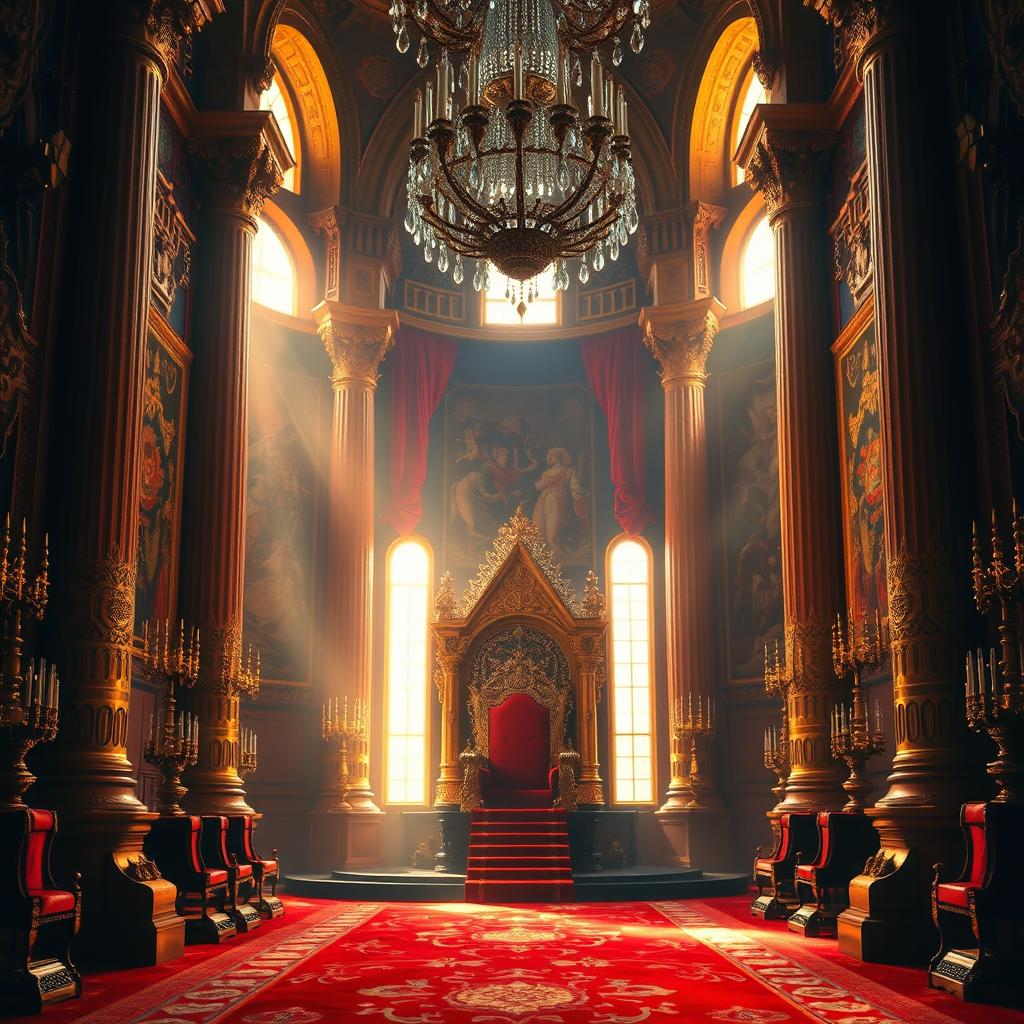 A majestic royal throne room, filled with rich ornate decorations, grand pillars, and intricate tapestries hanging from the walls