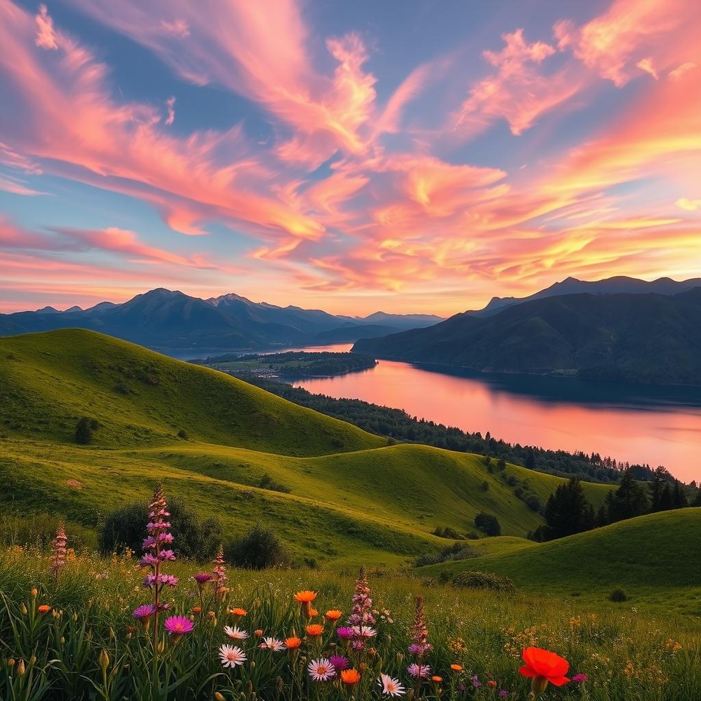 A breathtaking natural landscape featuring rolling hills covered in lush greenery, a serene lake reflecting the vibrant colors of the sky at sunset, and majestic mountains in the background