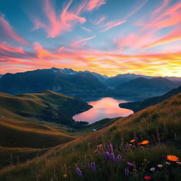 A breathtaking natural landscape featuring rolling hills covered in lush greenery, a serene lake reflecting the vibrant colors of the sky at sunset, and majestic mountains in the background