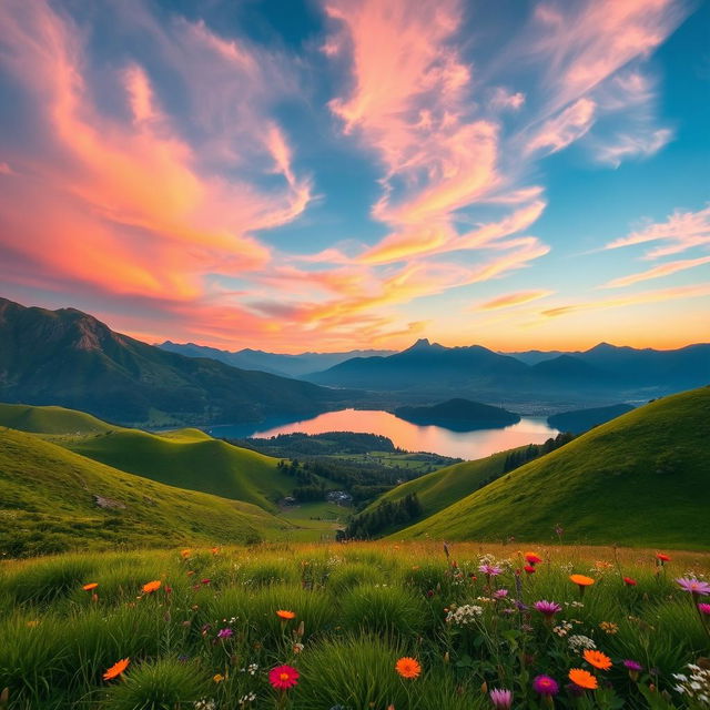 A breathtaking natural landscape featuring rolling hills covered in lush greenery, a serene lake reflecting the vibrant colors of the sky at sunset, and majestic mountains in the background