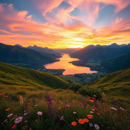 A breathtaking natural landscape featuring rolling hills covered in lush greenery, a serene lake reflecting the vibrant colors of the sky at sunset, and majestic mountains in the background