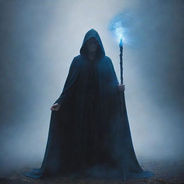 An enigmatic figure in a flowing dark hooded cape gripping a bright blue staff emitting light within an ethereal atmosphere full of mist and floating light particles. The figure's hands around the radiant blue staff illuminate the surrounding area, creating a mystical aura against the foggy background.