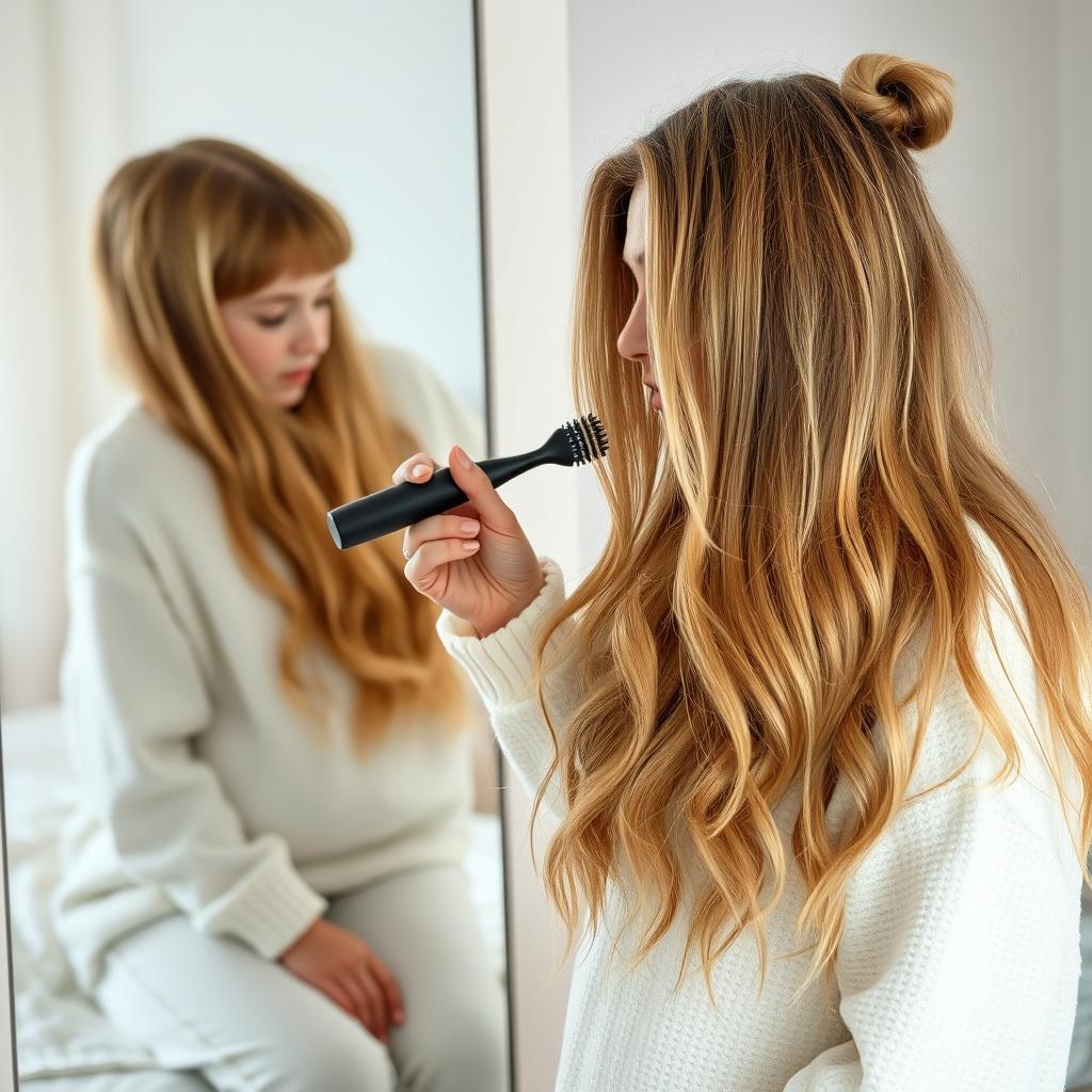 A 40-year-old mother standing in front of a mirror, with long, soft, and flowing hair that is not tied up, brushing her hair with a hairbrush