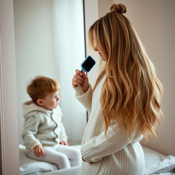 A 40-year-old mother standing in front of a mirror, with long, soft, and flowing hair that is not tied up, brushing her hair with a hairbrush