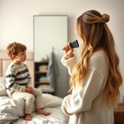 A 40-year-old mother standing in front of a mirror, with long, soft, and flowing hair that is not tied up, brushing her hair with a hairbrush