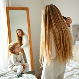 A 40-year-old mother standing in front of a mirror, with very long and extremely soft hair flowing down freely, as she brushes her hair with a hairbrush