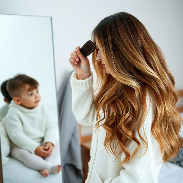 A 40-year-old mother standing in front of a mirror, with very long and extremely soft hair flowing down freely, as she brushes her hair with a hairbrush