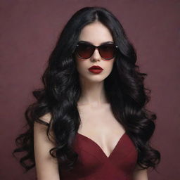 Create an image of a young pale vampire lady with long, wavy, black hair. Her lips are red and sensual, she is wearing Ray-Ban glasses and is dressed in a wine-colored dress.