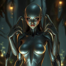 A female spider humanoid with a sleek, elegant design, showcasing a combination of human and spider features