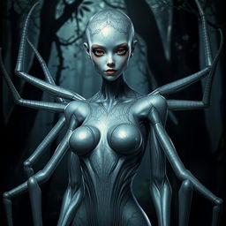 A female spider humanoid with a sleek, elegant design, showcasing a combination of human and spider features