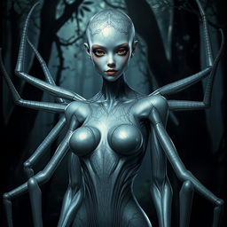 A female spider humanoid with a sleek, elegant design, showcasing a combination of human and spider features