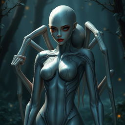 A female spider humanoid with a sleek, elegant design, showcasing a combination of human and spider features