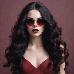 Create an image of a young pale vampire lady with long, wavy, black hair. Her lips are red and sensual, she is wearing Ray-Ban glasses and is dressed in a wine-colored dress.