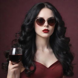 Create an image of a young pale vampire lady with long, wavy, black hair. Her lips are red and sensual, she is wearing Ray-Ban glasses and is dressed in a wine-colored dress.