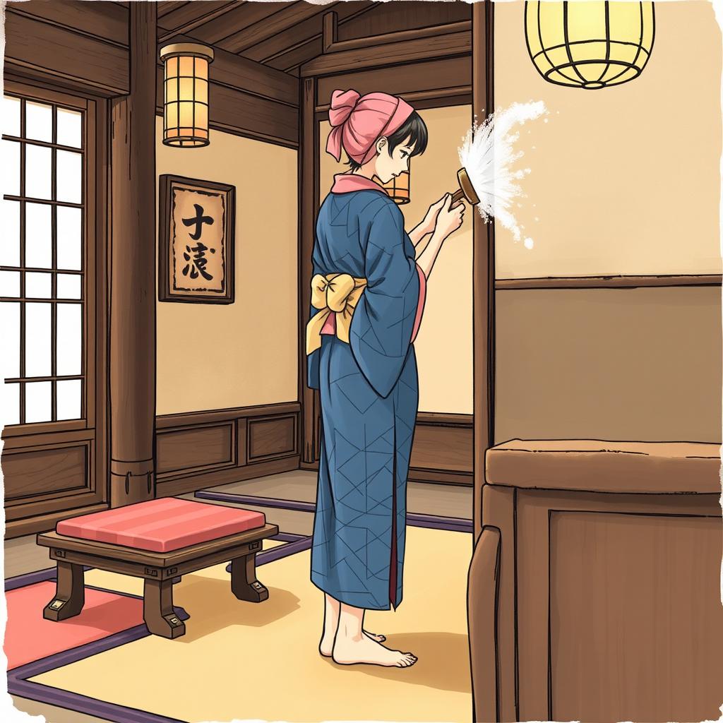 A Japanese chambermaid dusting the furniture in an ancient Japanese villa