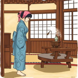 A Japanese chambermaid dusting the furniture in an ancient Japanese villa