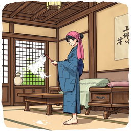 A Japanese chambermaid dusting the furniture in an ancient Japanese villa