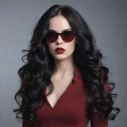 Create an image of a young pale vampire lady with long, wavy, black hair. Her lips are red and sensual, she is wearing Ray-Ban glasses and is dressed in a wine-colored dress.