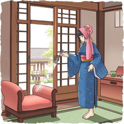 A Japanese chambermaid dusting the furniture in an ancient Japanese villa