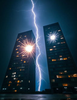 A dramatic night scene featuring two tall buildings, one positioned in front of the other, both filled with glowing windows