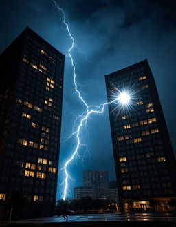 A dramatic night scene featuring two tall buildings, one positioned in front of the other, both filled with glowing windows