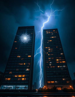 A dramatic night scene featuring two tall buildings, one positioned in front of the other, both filled with glowing windows