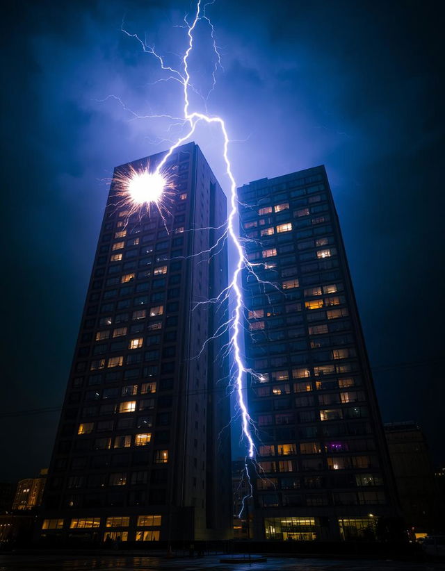 A dramatic night scene featuring two tall buildings, one positioned in front of the other, both filled with glowing windows