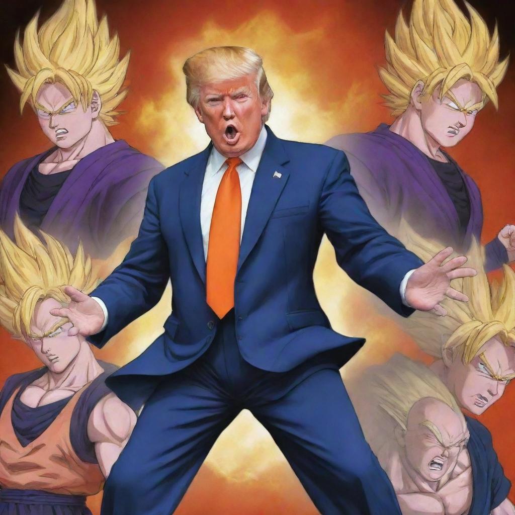 Donald Trump imagined as a character in the distinct style of Dragonball Z, displaying energy, power and grit.