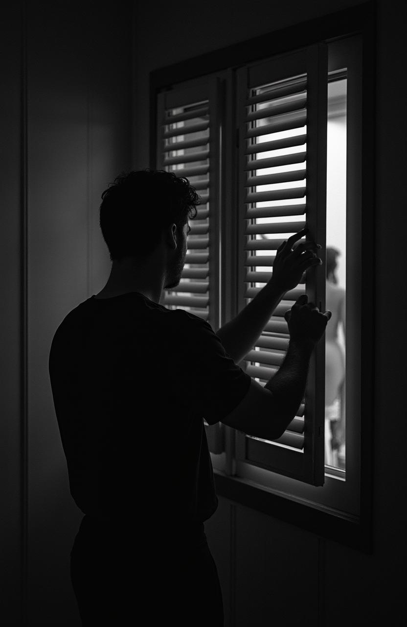 A man standing with his back turned at night, in front of a shuttered window