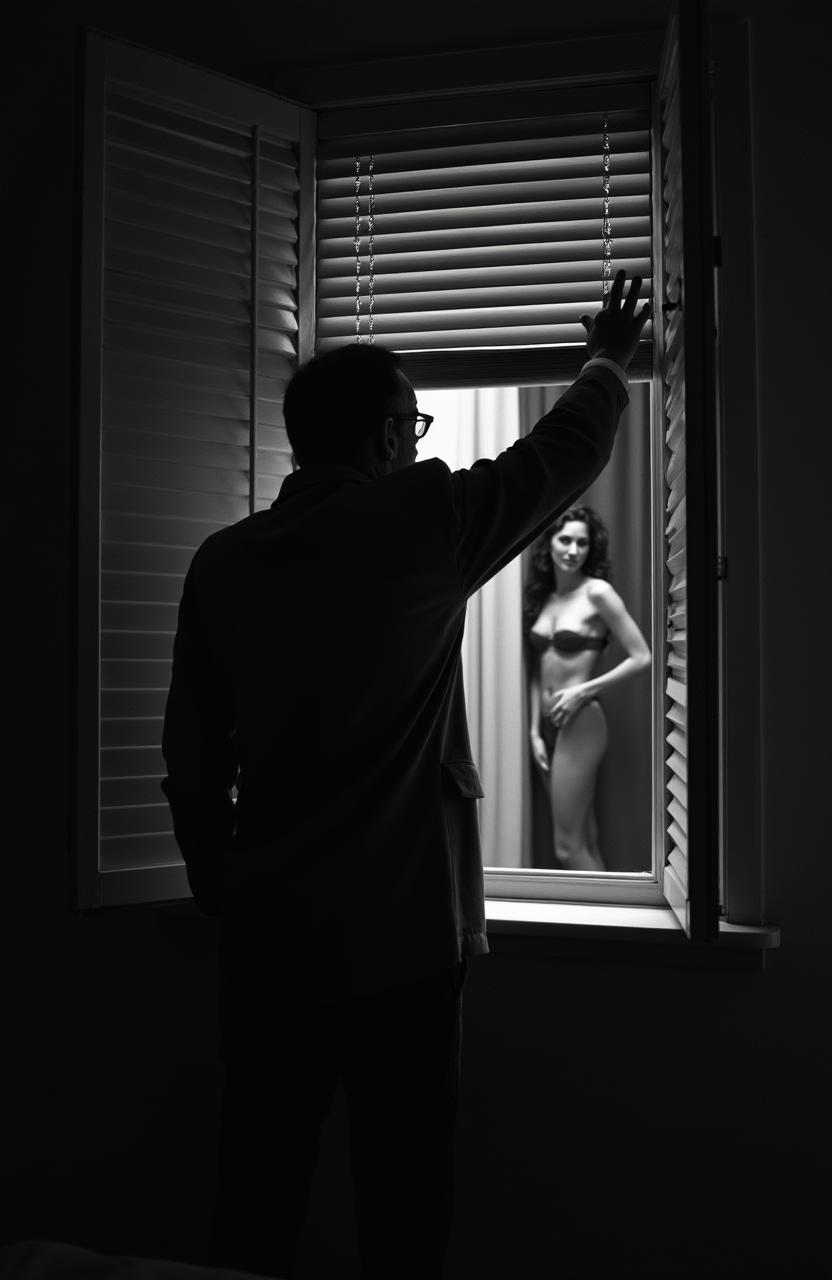 A man in his forties standing with his back turned at night, in front of a shuttered window